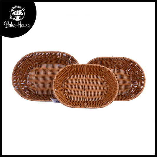 Plastic Woven Oval Shape Basket Brown 3Pcs Set