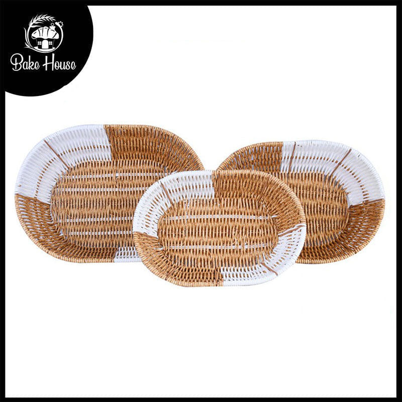 Plastic Woven Oval Shape Basket Brown & White 3Pcs Set