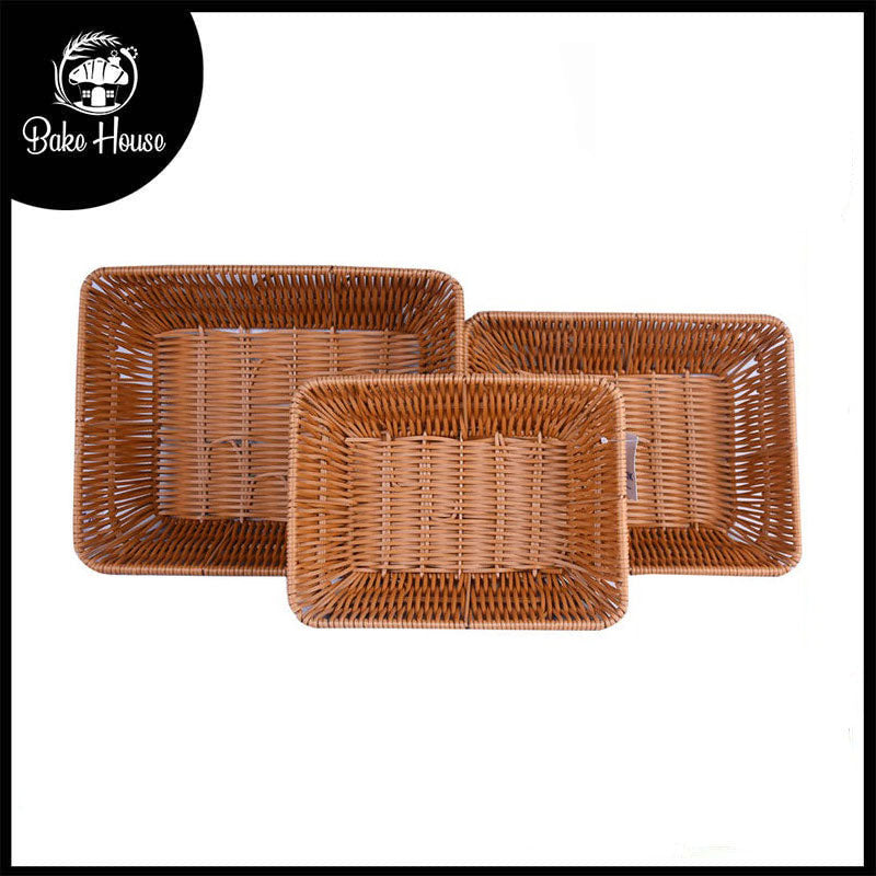 Plastic Woven Rectangle Shape Basket Brown 3Pcs Set