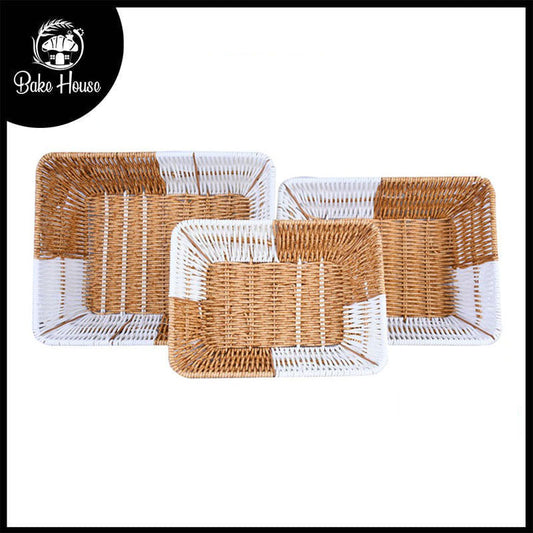 Plastic Woven Rectangle Shape Basket Brown & White 3Pcs Set