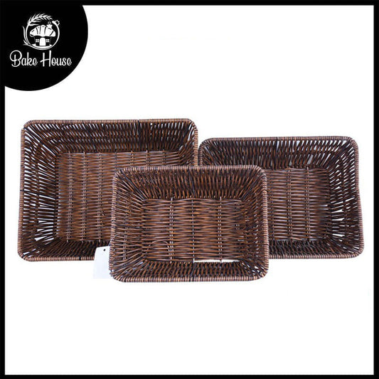 Plastic Woven Rectangle Shape Basket Dark Brown 3Pcs Set