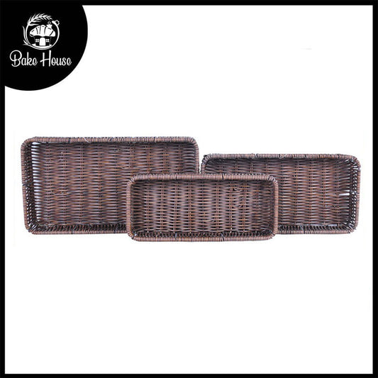 Plastic Woven Rectangle Tray Dark Brown 3Pcs Set