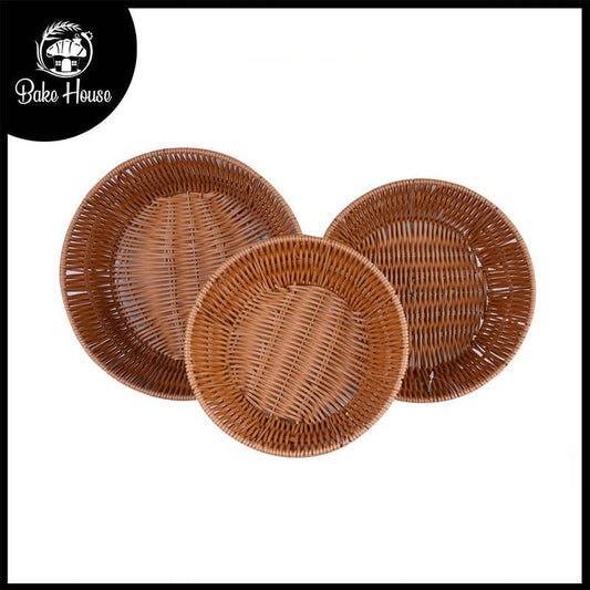 Plastic Woven Round Shape Basket Brown 3Pcs Set