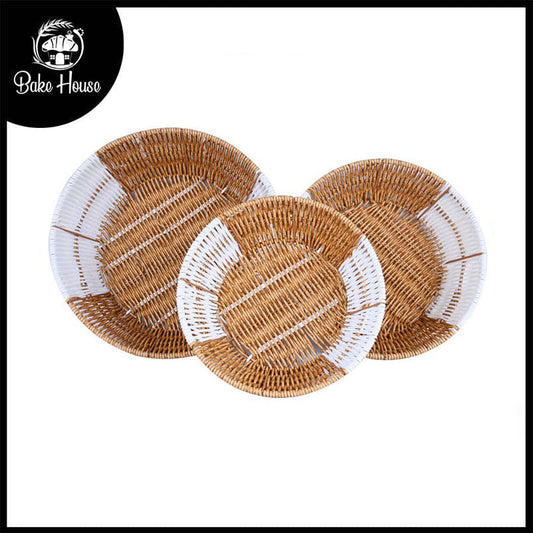 Plastic Woven Round Shape Basket Brown & White 3Pcs Set