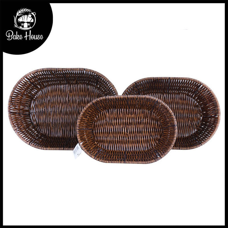 Plastic Woven Round Shape Basket Dark Brown 3Pcs Set