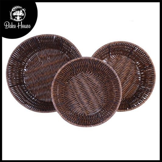 Plastic Woven Round Shape Basket Dark Brown 3Pcs Set