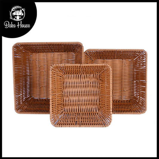 Plastic Woven Square Shape Basket Brown 3Pcs Set