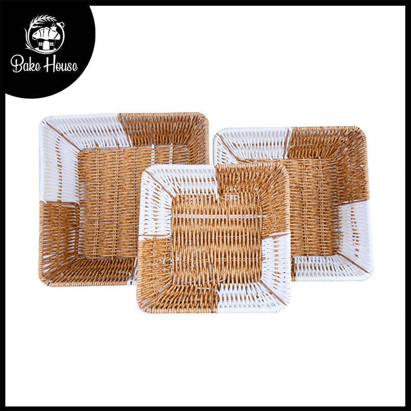 Plastic Woven Square Shape Basket Brown & White 3Pcs Set