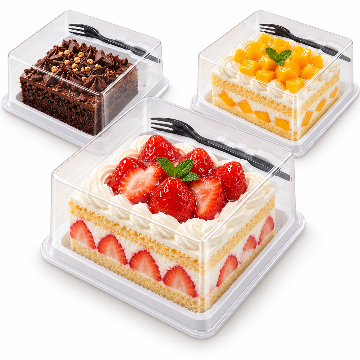 Disposable White Square Dessert Box with Transparent Lid & Fork
