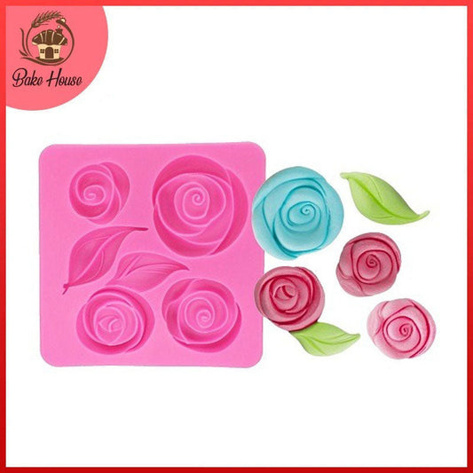 Rose Flower With Leaves Silicone Fondant Mold 5 Cavity