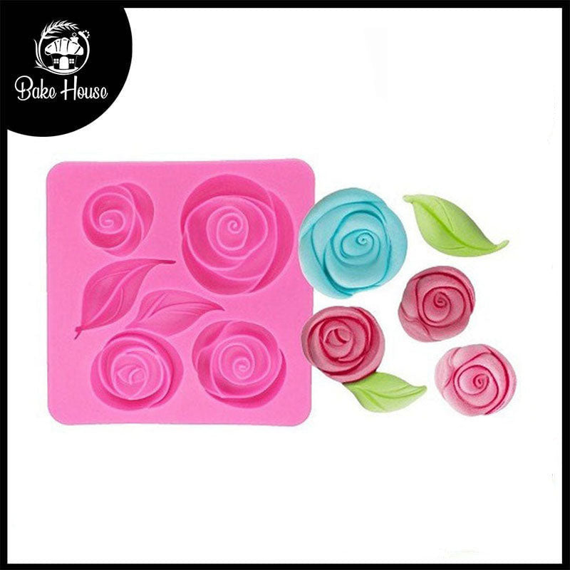 Rose Flower With Leaves Silicone Fondant Mold 5 Cavity