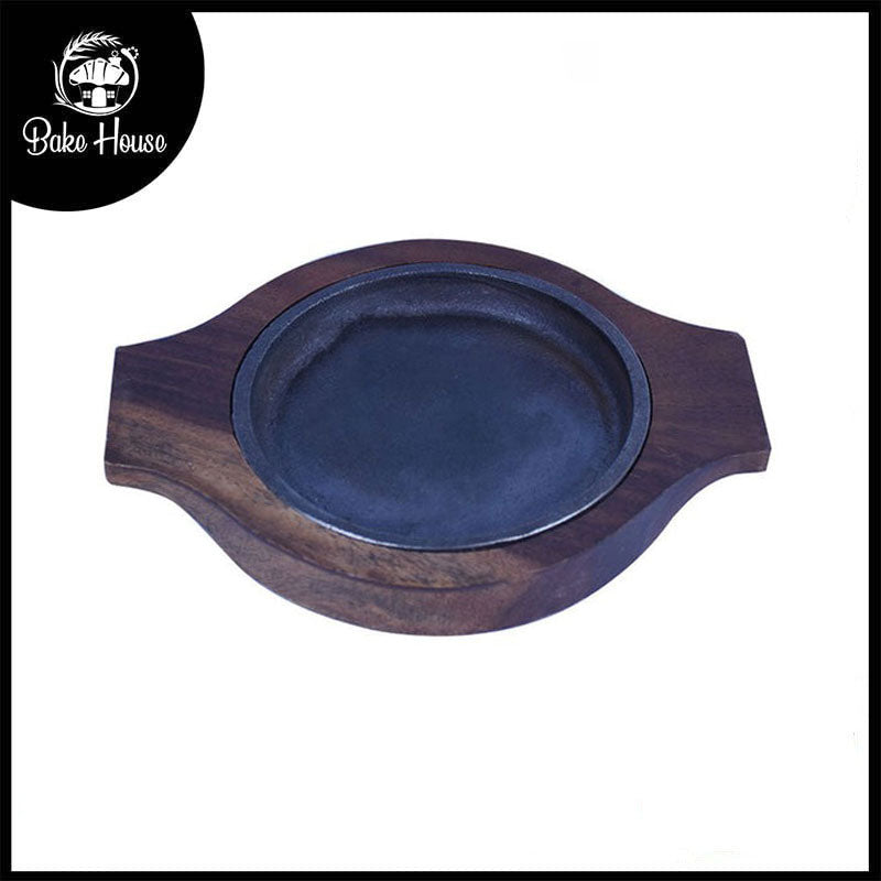 Round Cast Iron Sizzler Plate 14.5cm With Wooden Base