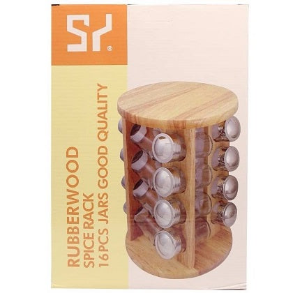 Rubber Wood Spice Rack 16Pcs Jars
