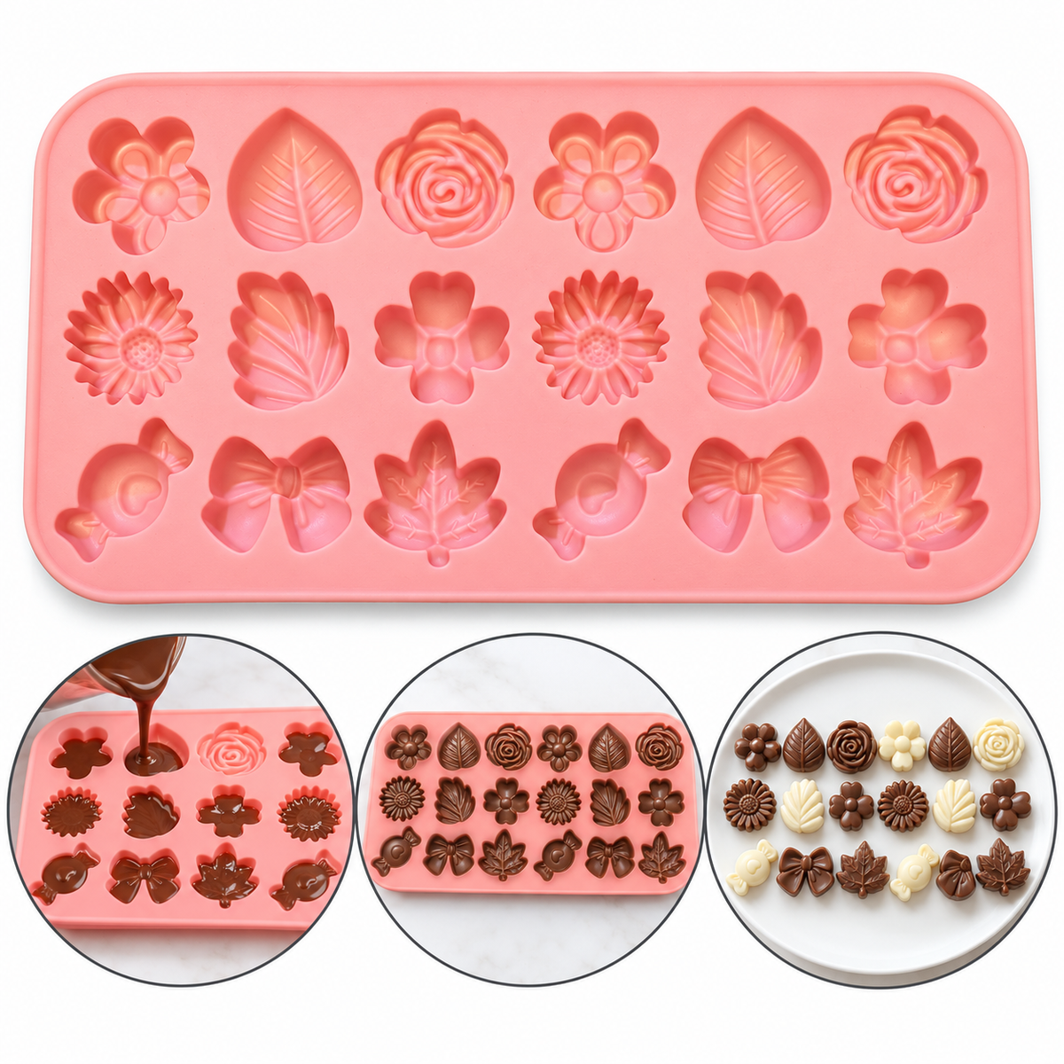 Flower, Leaf, Candy and Bow Silicone Mold 18 Cavity