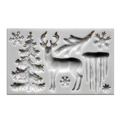 Snowy Tree, Deer, & Snowflakes With Glacier Silicone Fondant Cake Mold