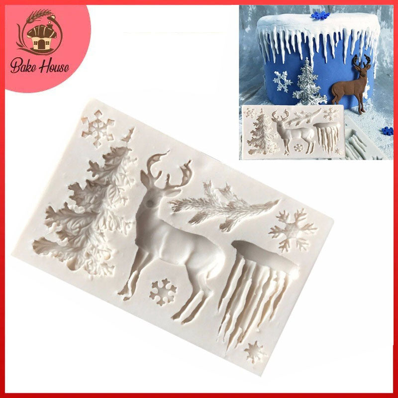 Snowy Tree, Deer, & Snowflakes With Glacier Silicone Fondant Cake Mold