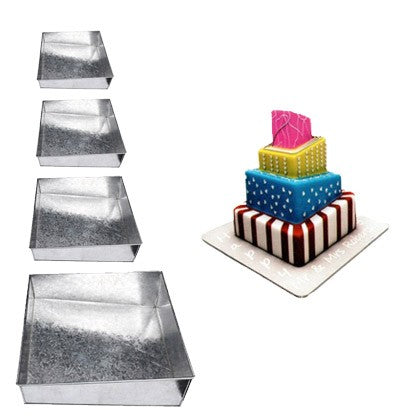 Square Cake Pans Topsy Turvy 4-Tier Silver Tin