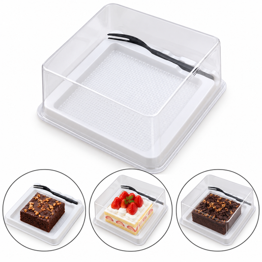 Disposable White Square Dessert Box with Transparent Lid & Fork