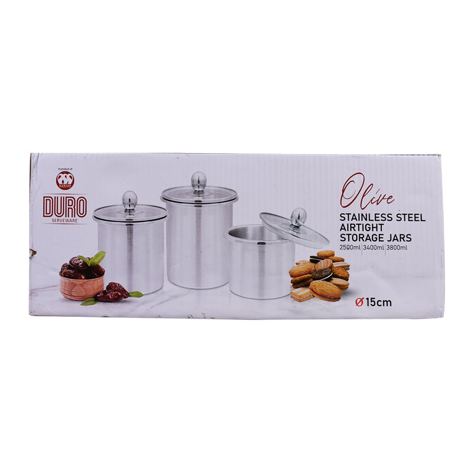 Stainless Steel 15cm Diameter Airtight Storage Jars 2500ml, 3400ml & 3800ml 3Pcs Set