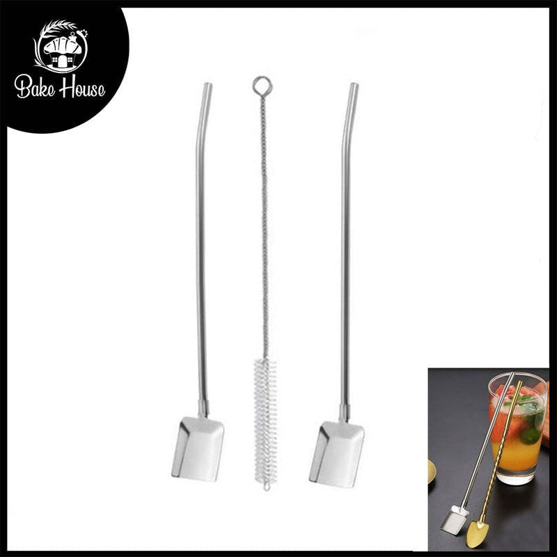 Stainless Steel 2-in-1 Stirring Spoon Drinking Straws