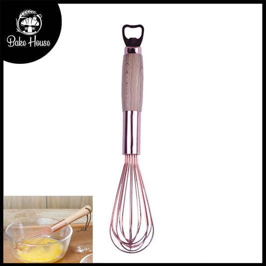 Stainless Steel Copper Colored Hand Whisk With Wooden Handle 11 Inch