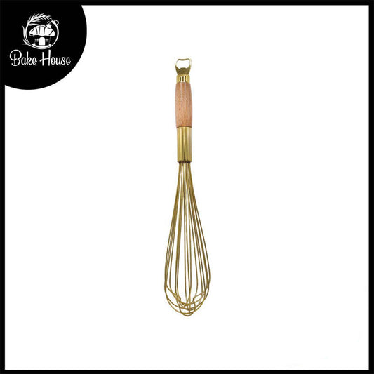 Stainless Steel Golden Colored Hand Whisk With Wooden Handle 14 Inch
