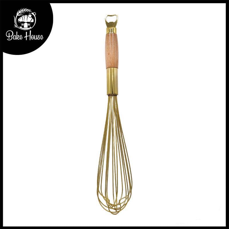 Stainless Steel Golden Colored Hand Whisk With Wooden Handle 18 Inch