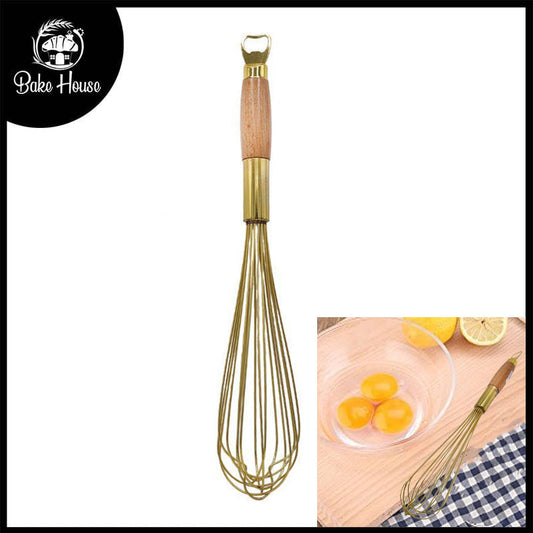 Stainless Steel Golden Colored Hand Whisk With Wooden Handle 12 Inch