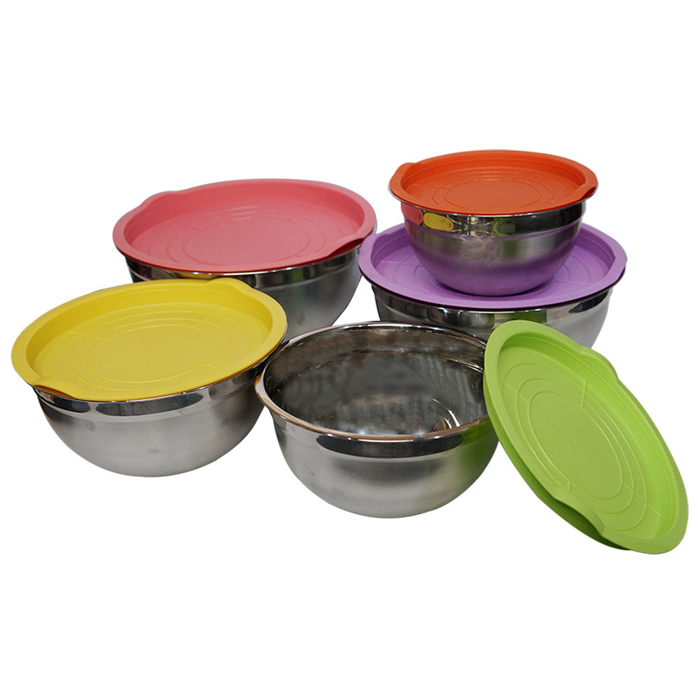 Stainless Steel Salad Bowl With Plastic Cover 5Pcs Set