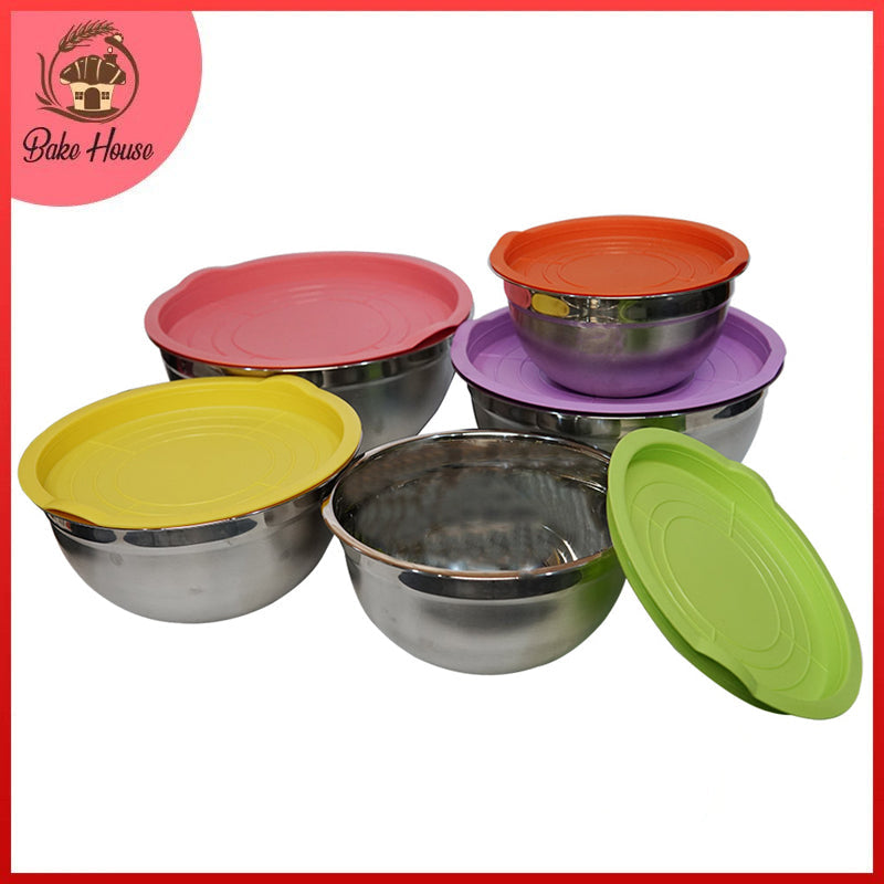 Stainless Steel Salad Bowl With Plastic Cover 5Pcs Set