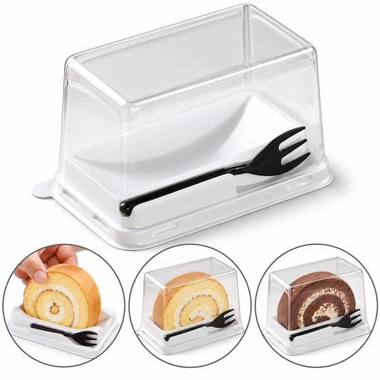 Disposable White Swiss Roll Box with Transparent Lid & Fork