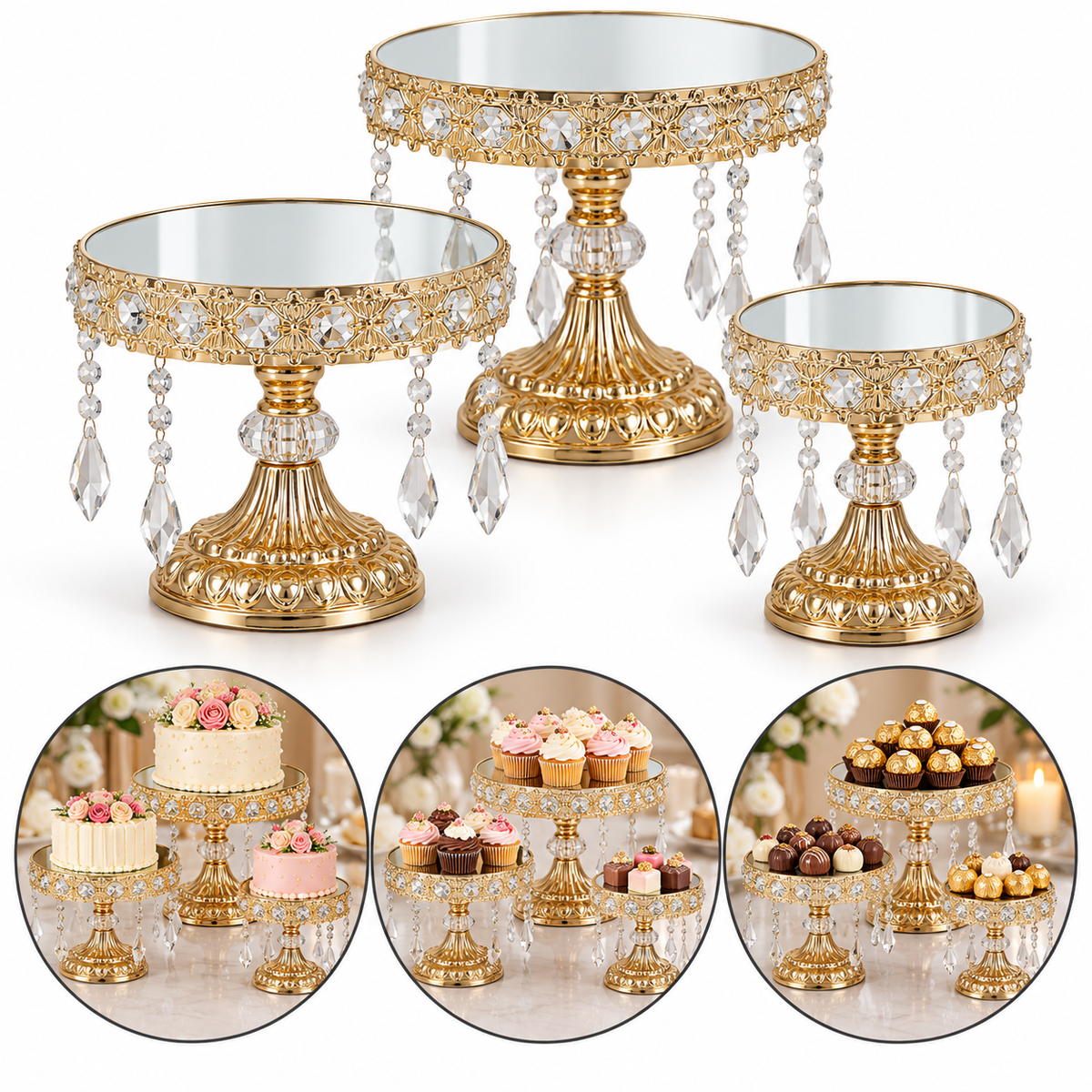 Golden Crystal Mirror Cake Stand Set – 3 Pieces