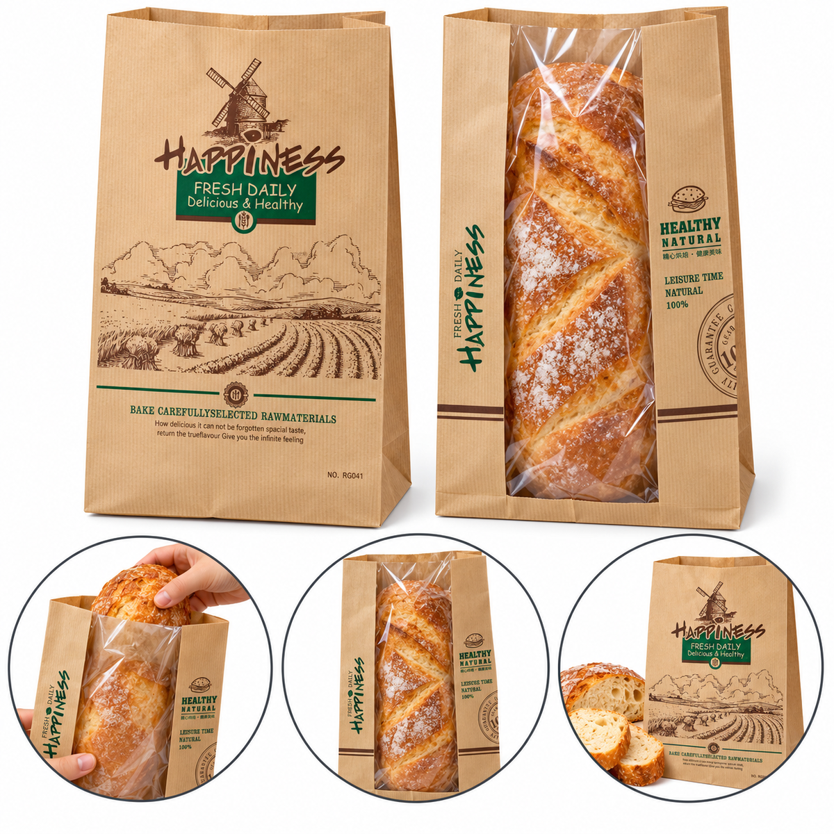 Happiness Kraft Paper Bread Bag With Clear Window (27x12)cm