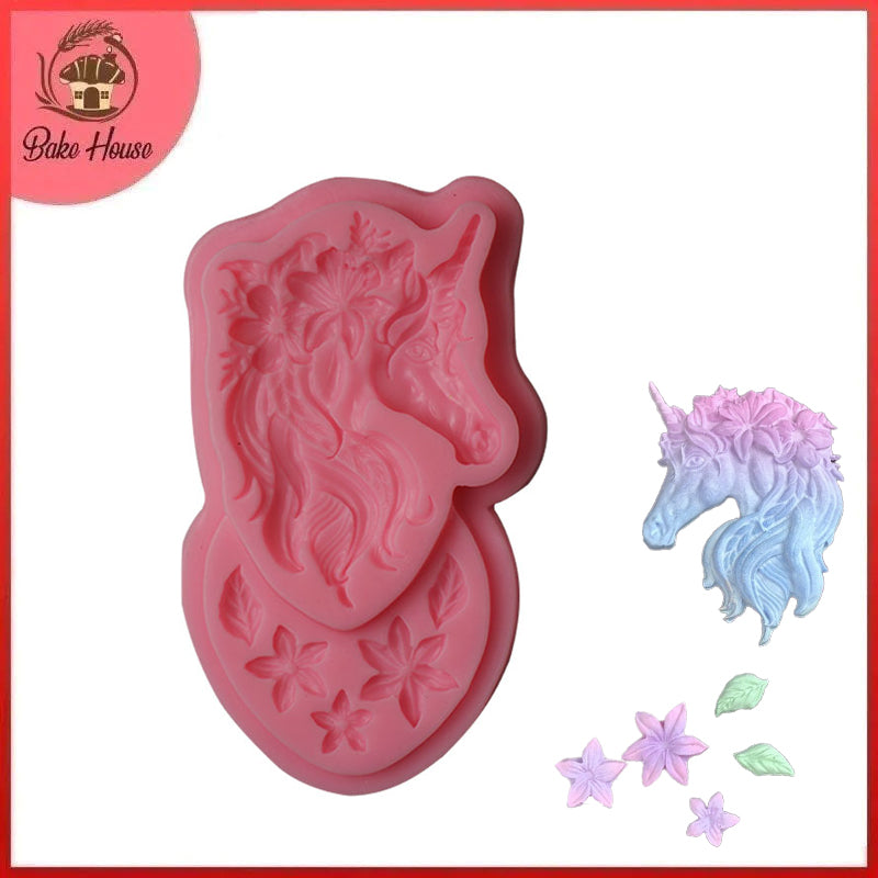 Unicorn Head with Flowers & Leaves Silicone Fondant Mold