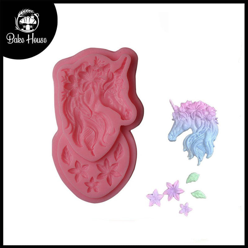 Unicorn Head with Flowers & Leaves Silicone Fondant Mold