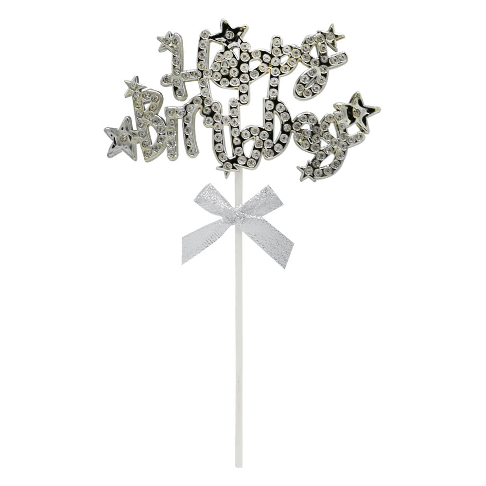 Happy Birthday Cake Topper Silver With Ribbon And Silver Nugs Star Design