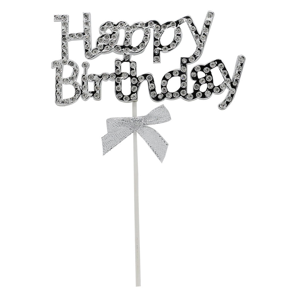 Happy Birthday Cake Topper Silver With Ribbon And Silver Nugs