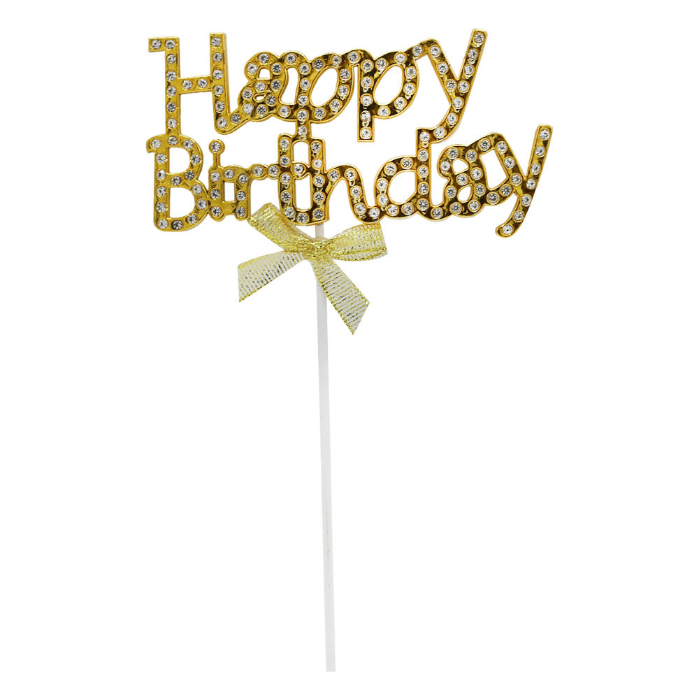 Happy Birthday Cake Topper Golden With Ribbon And Silver Nugs (Design 2)