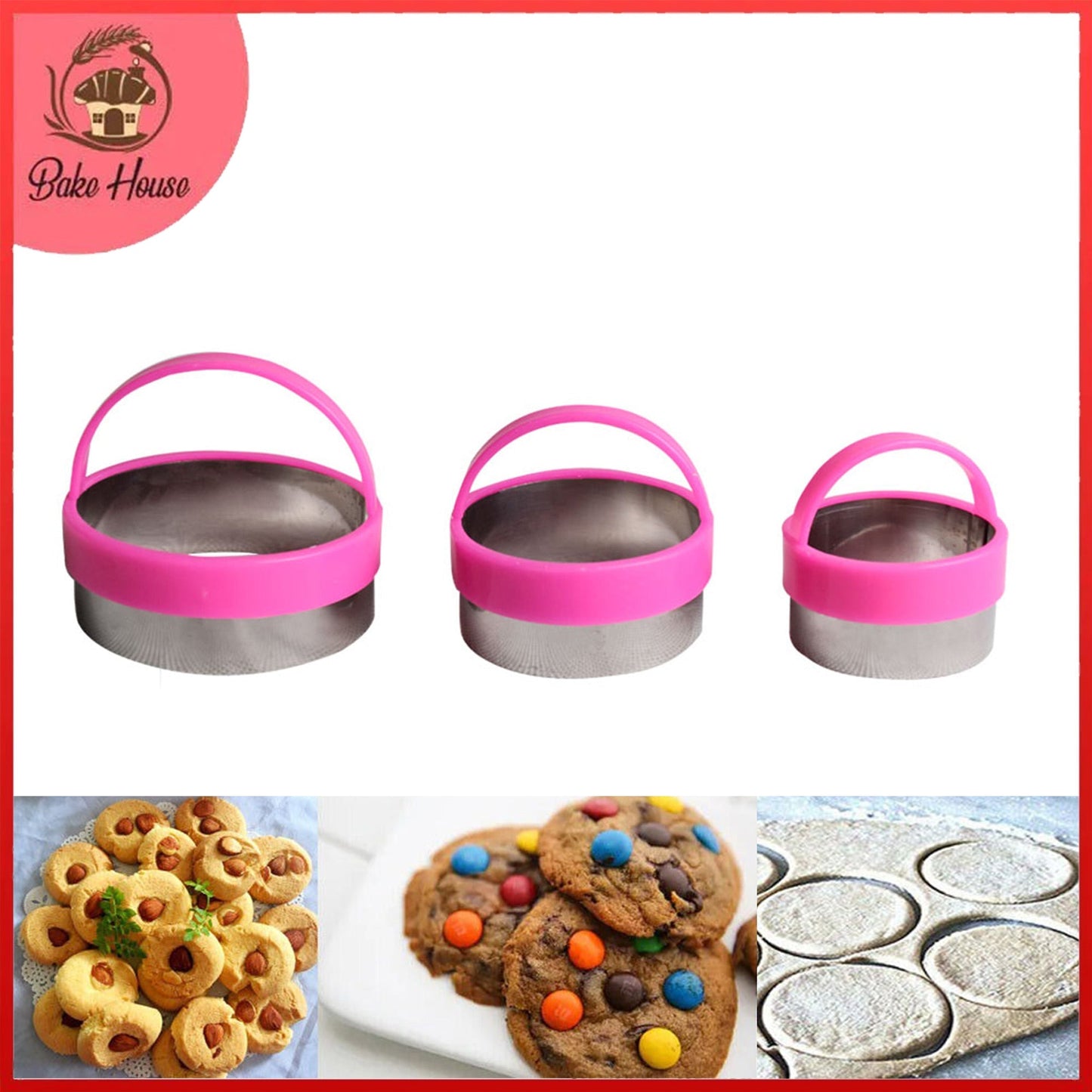 Round Cookie Cutter With Plastic Handle 3pcs Set