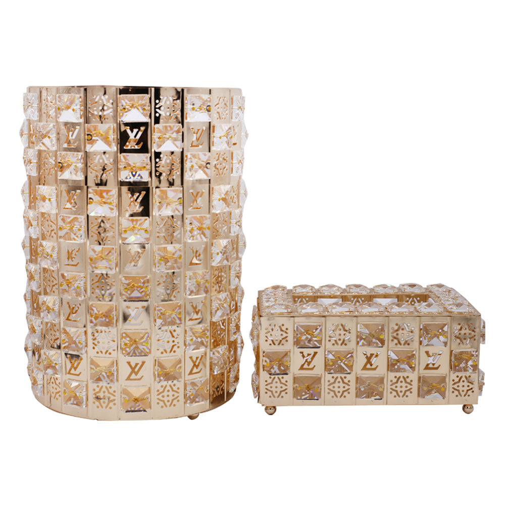 LV Square Stones Design Decor Fancy Dustbin And Tissue Box Holder Set