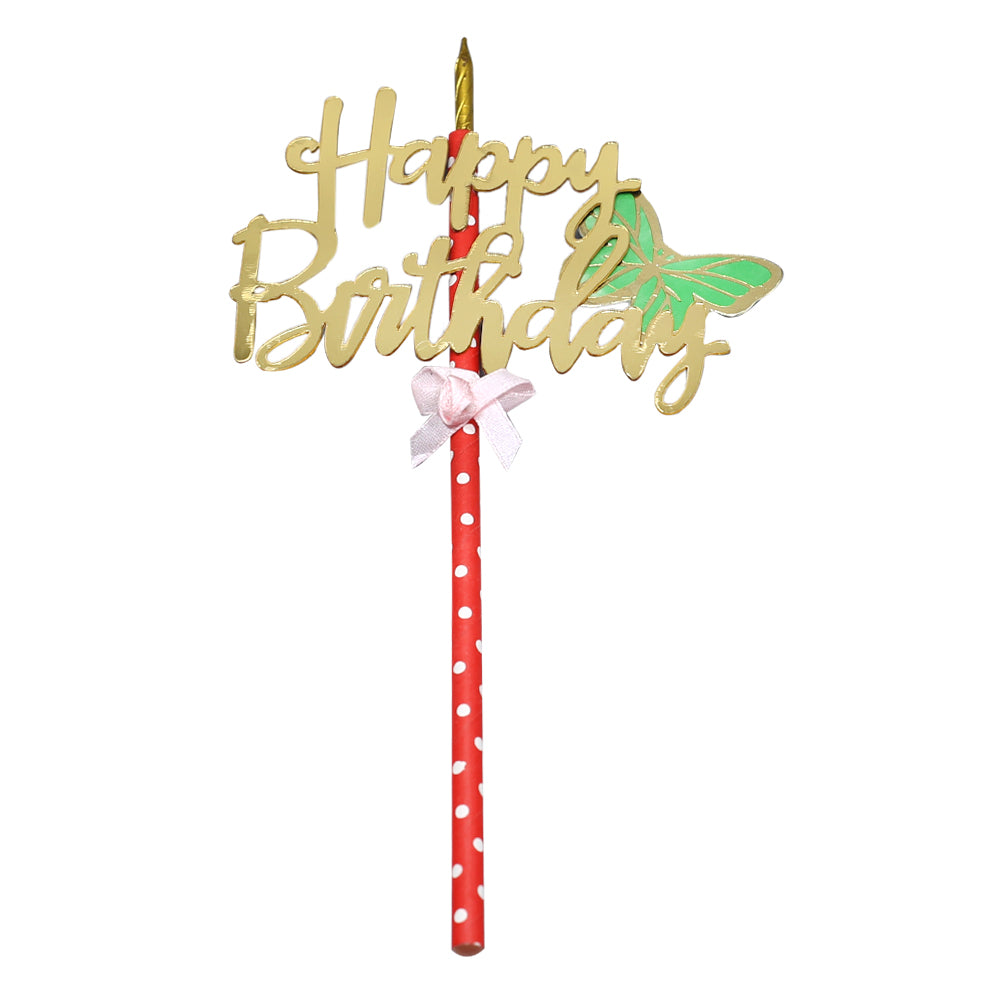 Happy Birthday Cake Topper Golden With Green Butterfly Design