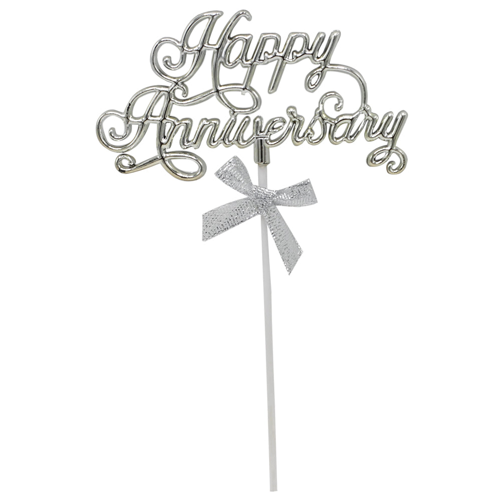 Happy Anniversary Cursive Writting Silver Cake Topper