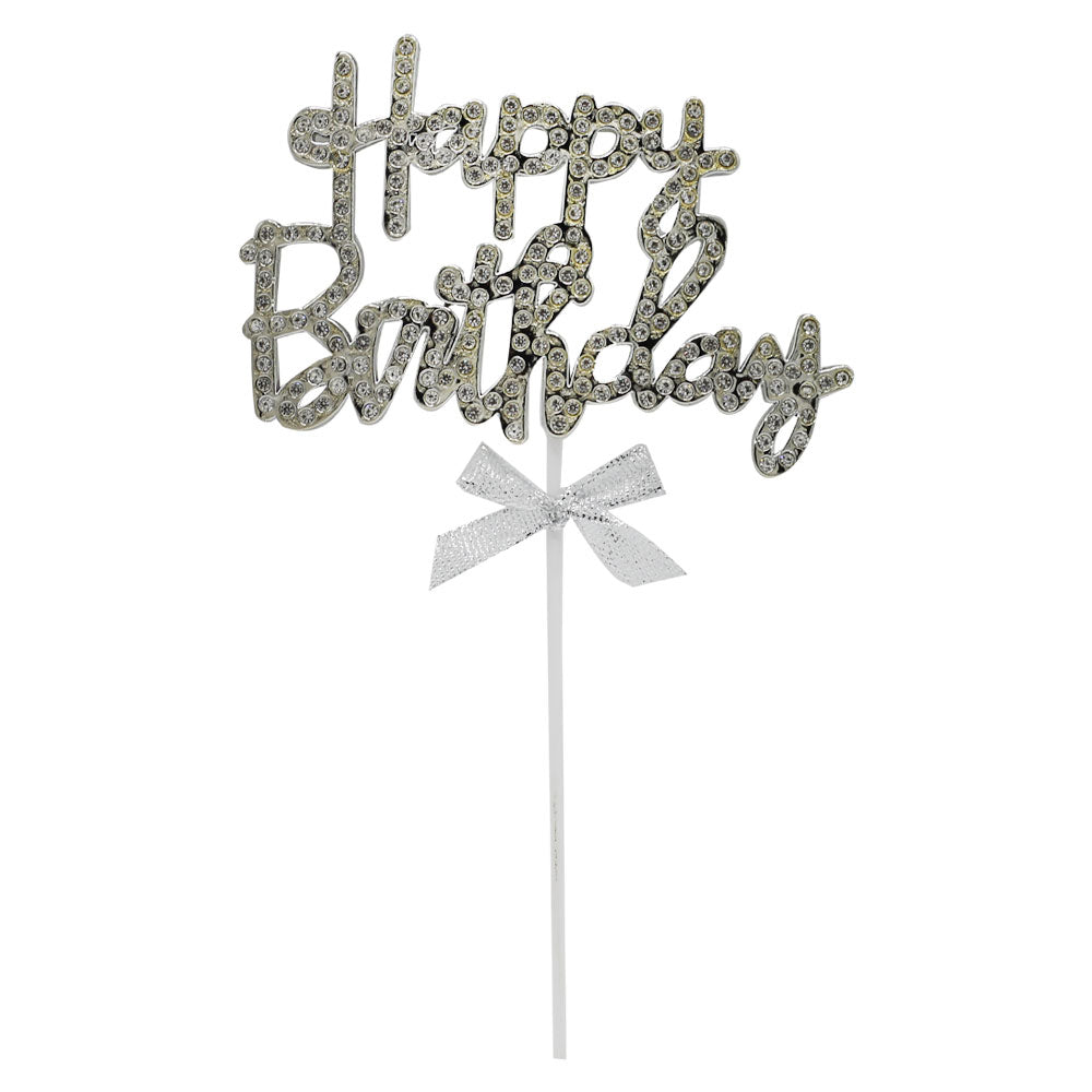 Happy Birthday Cake Topper Silver With Ribbon And Silver Nugs