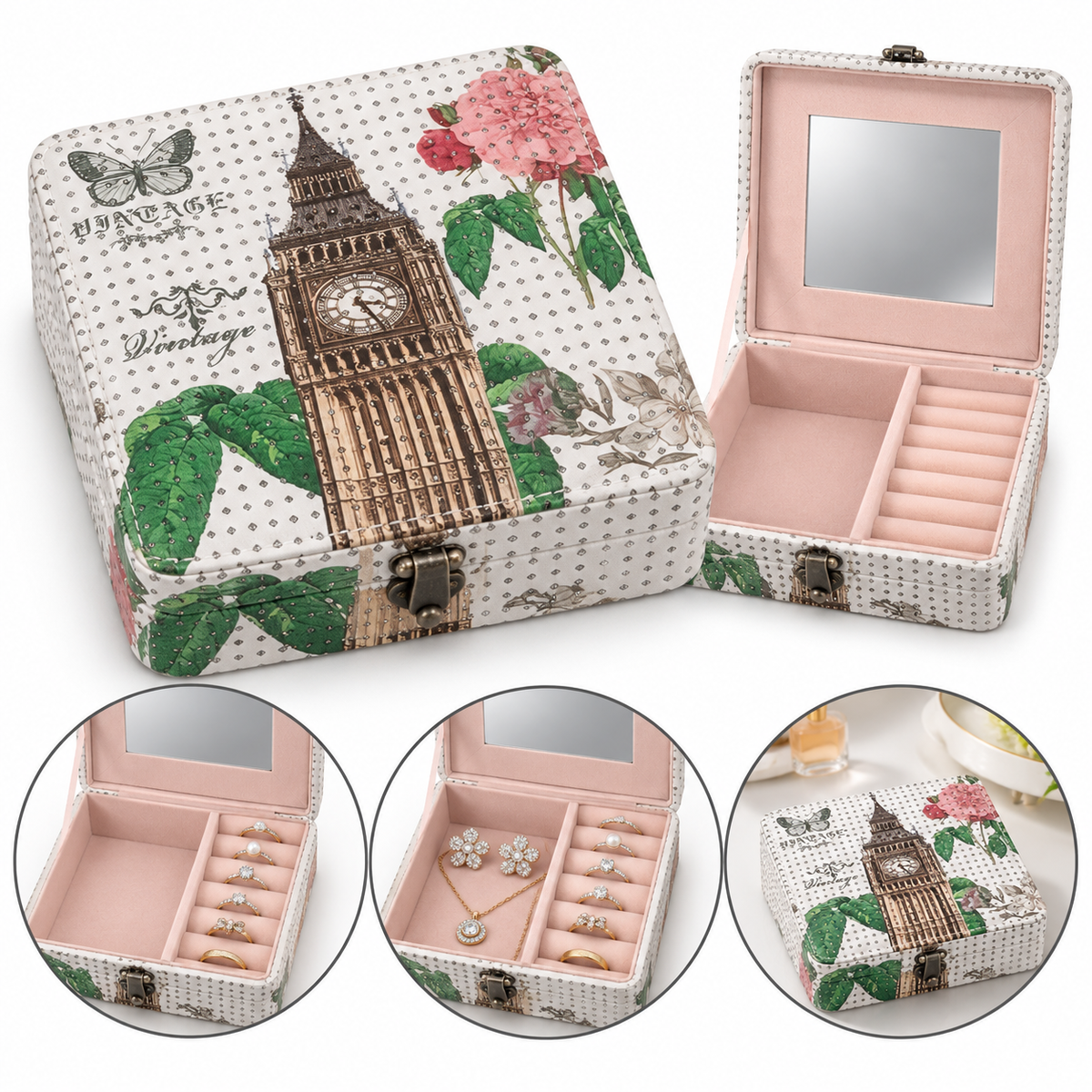 Vintage Big Ben Jewellery Organizer Box with Mirror & Ring Slots