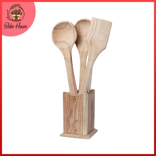 Wooden Cooking Spoons & Spatula 4 Pcs Set With Stand