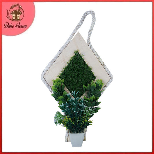 Wooden Diamond Wall Hanging Decor with Artificial Grass and Plant Pot