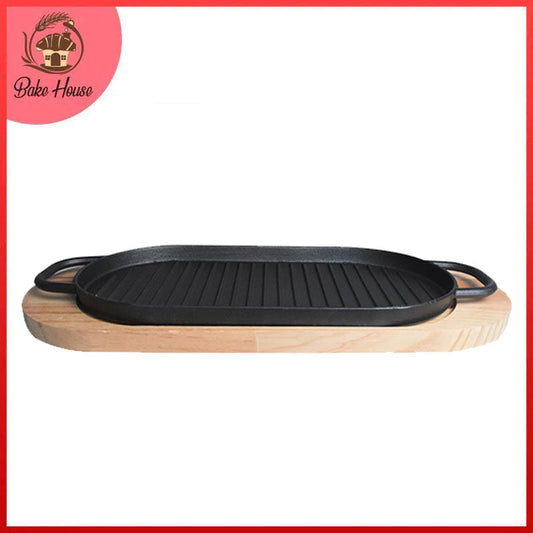 Oblong Cast Iron (30.5 x 16cm) Sizzler Tray Platter With Wooden Base
