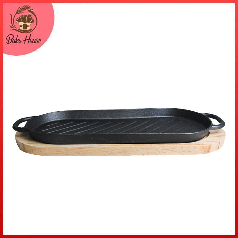 Oblong Cast Iron (37.5 x 16cm) Sizzler Tray Platter With Wooden Base