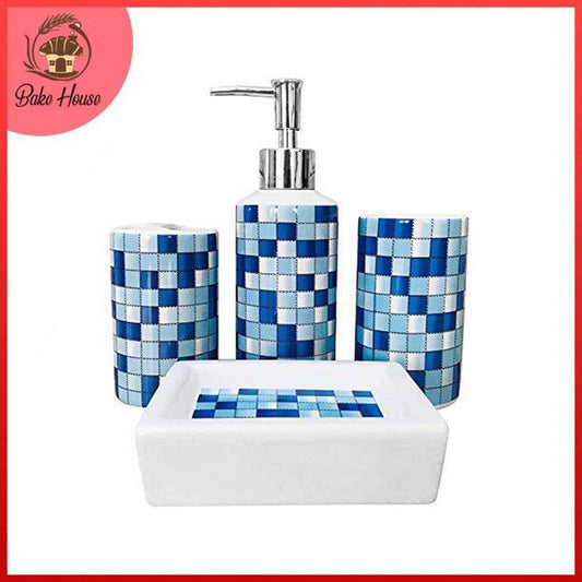 Blue White Checks 4 Pcs Ceramic Bathroom Accessories Set