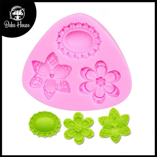 Flowers With Gem Silicone Fondant & Chocolate Mold 3 Cavity